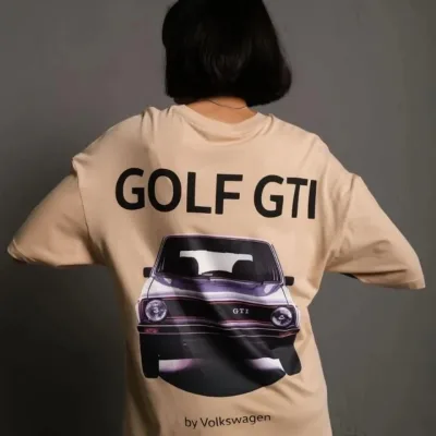 Kadın Bej Oversize Retro Araba Baskılı Tişört 1