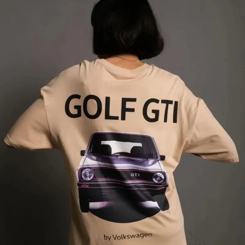 Femeia Tricou Bej Oversize cu Imprimeu Mașină Retro