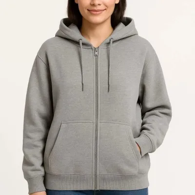Dámský šedý bavlněný sweatshirt s kapucí a celoplošným zipem, 3-nitný 1