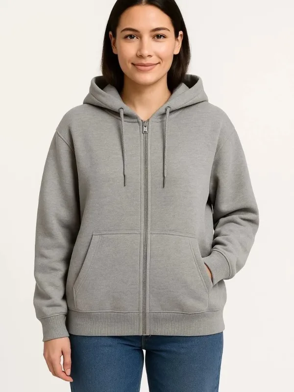 Dámský šedý bavlněný sweatshirt s kapucí a celoplošným zipem, 3-nitný 1