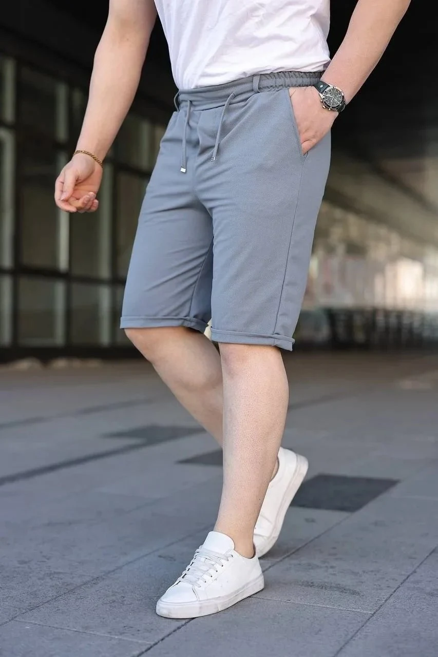 Men's Gray Diagonal Fabric Double Hem Pocket Laced Shorts