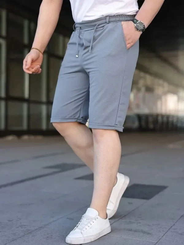 Men's Gray Diagonal Fabric Double Hem Pocket Laced Shorts 1