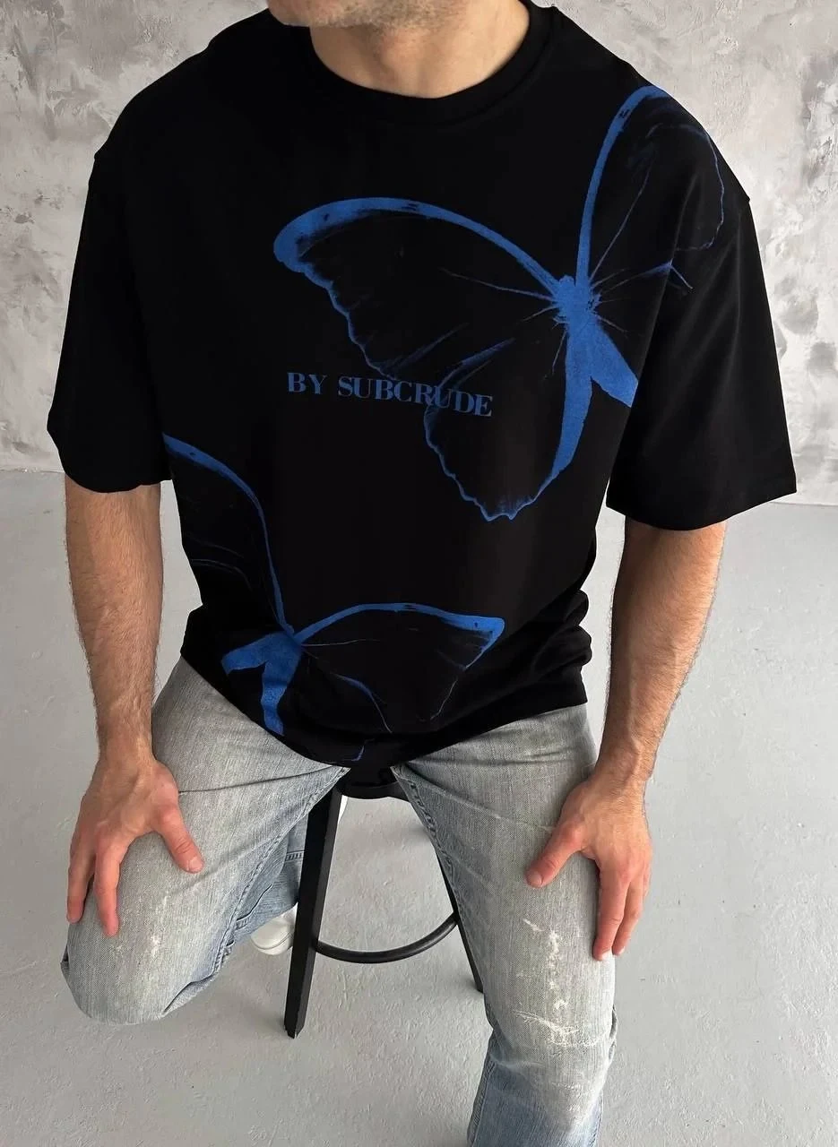 Машки црн oversize велосипед јака печатена маица