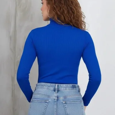 Dámské saks modré s vysokým výstřihem žebrované lycrové dlouhé rukávy body 4