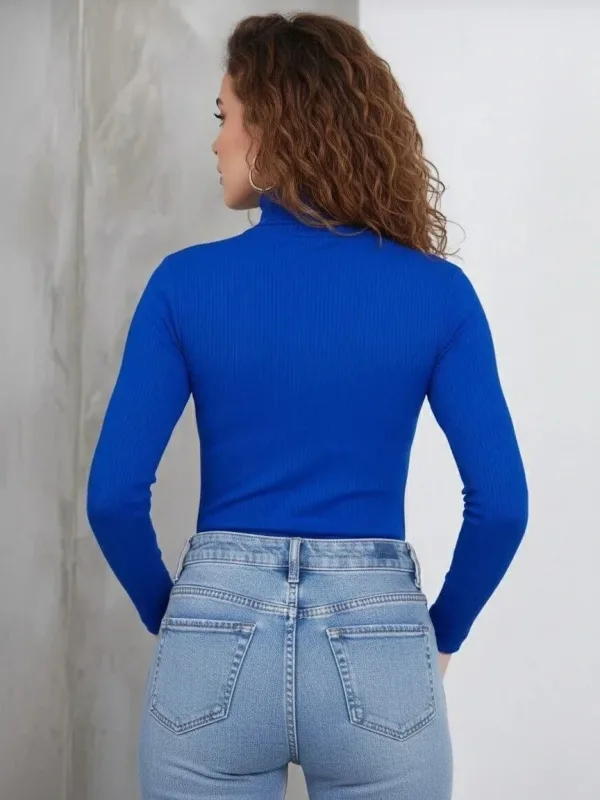 Dámské saks modré s vysokým výstřihem žebrované lycrové dlouhé rukávy body 4