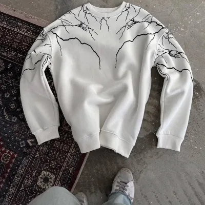 Jinê Spî Oversize 3 Têl Pembo Bisîklet Yaka Çapkirî Sweatshirt 1