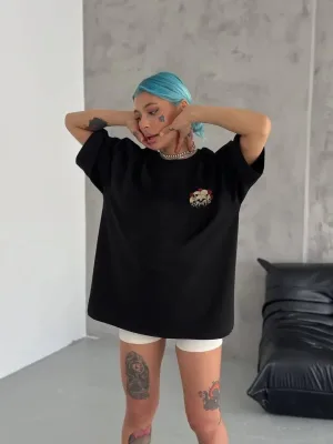 Damski Czarny Oversize Rowerowy Kołnierz Nadrukowany T-shirt