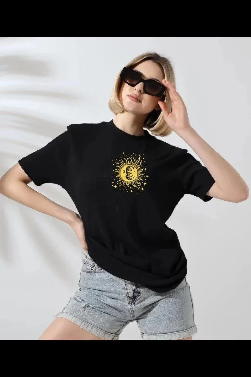 Damski czarny oversize rowerowy kołnierz z nadrukiem krótki rękaw T-shirt