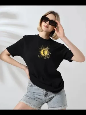 Damski czarny oversize rowerowy kołnierz z nadrukiem krótki rękaw T-shirt