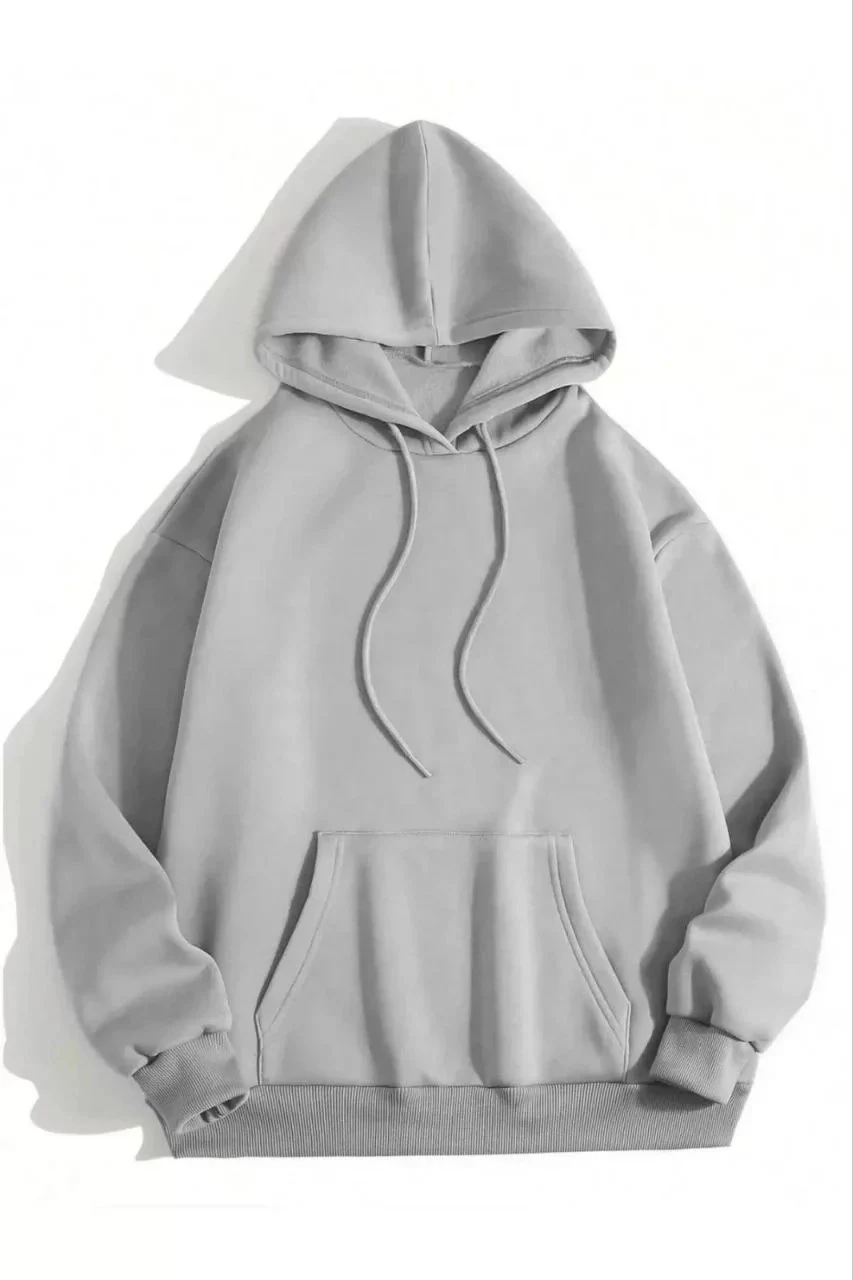Damski Szary Kaptur Kieszeń Kangur 3-nitkowy Bawełniany Gładki Sweatshirt