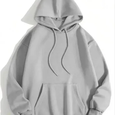 Gratë gri me kapuç xhepi kanguri 3 fije pambuku të sheshtë Sweatshirt 1