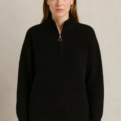 Women's Black Oversized Stand Collar Half Zip Knit Sweater 4