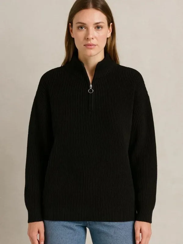 Women's Black Oversized Stand Collar Half Zip Knit Sweater 4