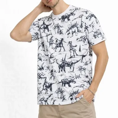 Muška bela oversize sa digitalnim printom dinosaura bicikli kragna majica 1