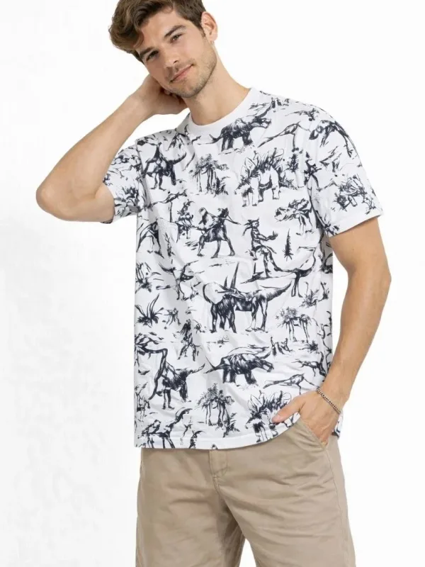 Muška bela oversize sa digitalnim printom dinosaura bicikli kragna majica 1