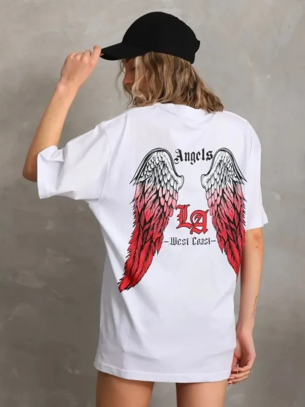 Damski oversize T-shirt biały, dekolt w serek, nadruk 2