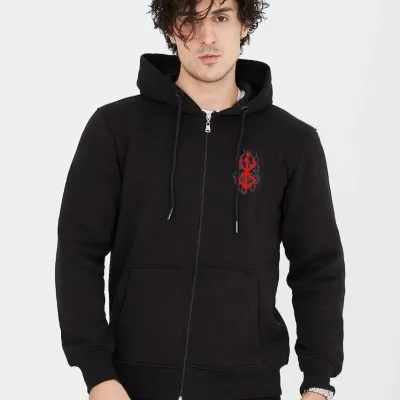 Férfi fekete 3 szálas pamut teljesen cipzáras kapucnis zsebes sweatshirt 2