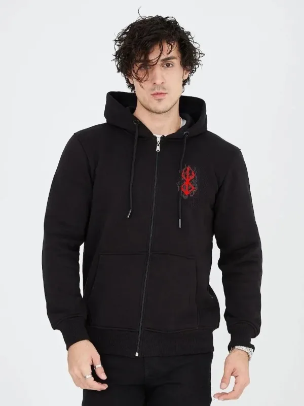 Férfi fekete 3 szálas pamut teljesen cipzáras kapucnis zsebes sweatshirt 2