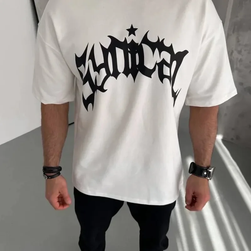 Muški bijeli oversize biciklistički ovratnik s printom kratki rukav majica