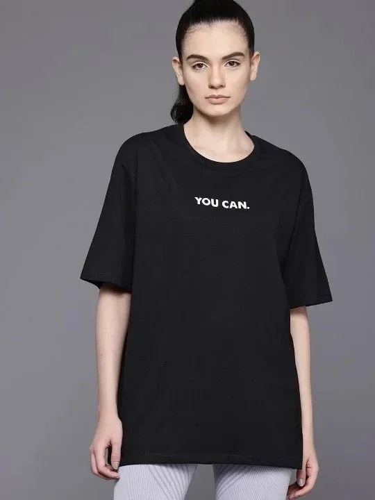 Женска црна oversize бициклистичка јака отпечаток маица 3