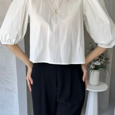 Melon Sleeve Back Bow Detail Poplin Blouse White 2