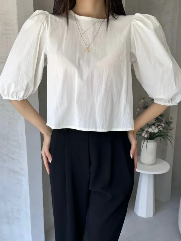 Melon Sleeve Back Bow Detail Poplin Blouse White 2