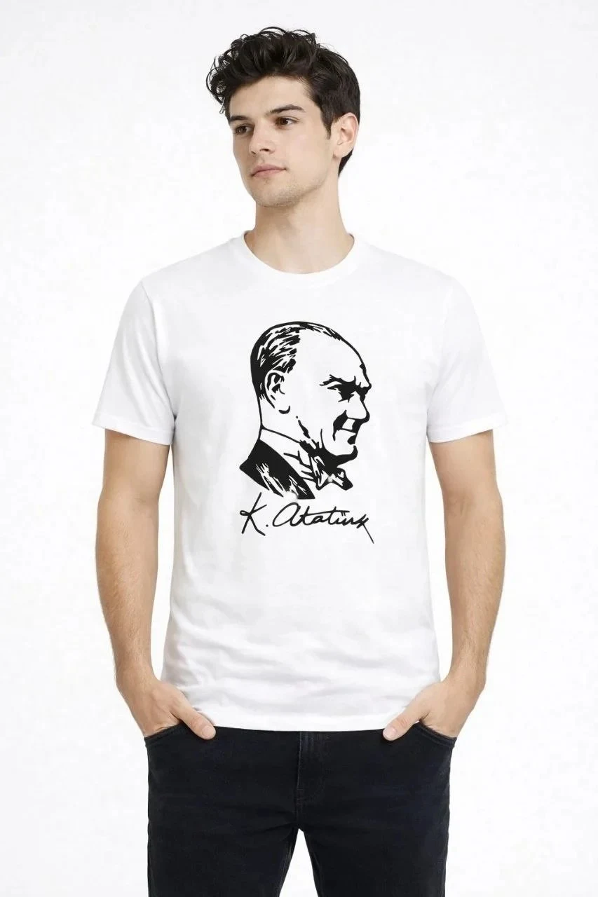 Muška bela majica sa biciklističkim izrezom i Ataturk printom