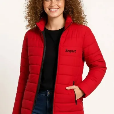 Women's Red Micro Water Repellent Quilted Printed Zippered Bomber Jacket 3