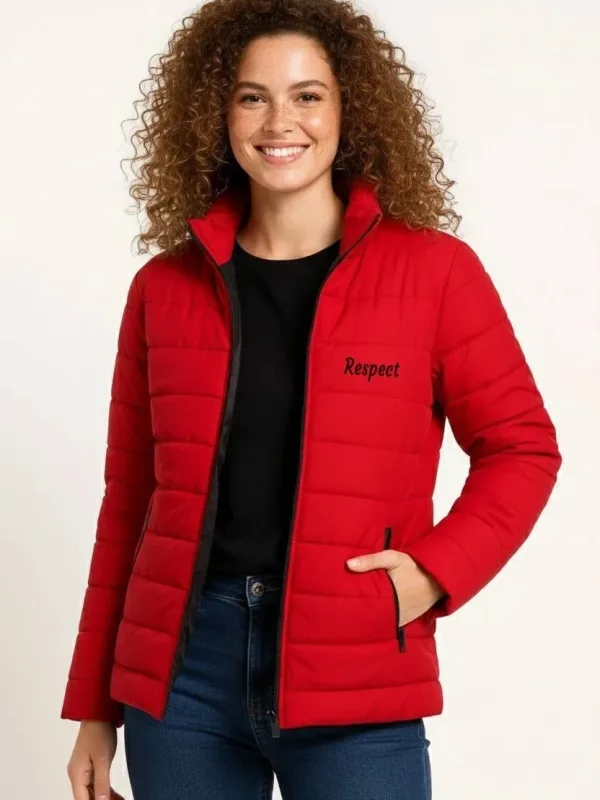 Women's Red Micro Water Repellent Quilted Printed Zippered Bomber Jacket 3