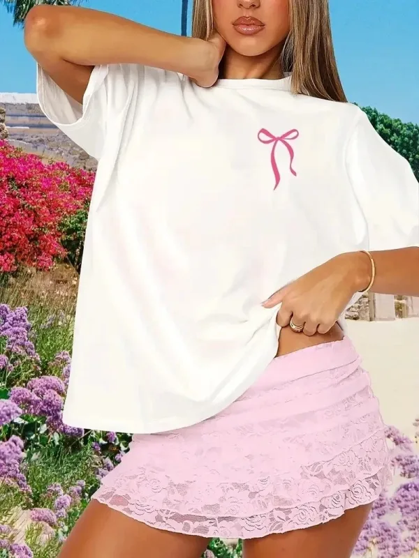 Ženska bela oversized biciklistička kragna sa printom mašne majica 2
