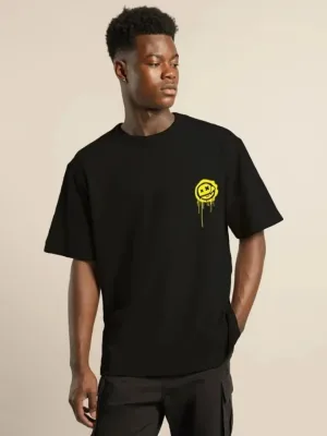 Kişi Qara Oversize Velosiped Yaxalı Çap Yay T-Shirt