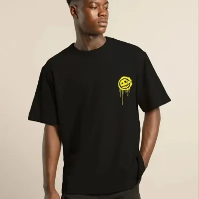 Kişi Qara Oversize Velosiped Yaxalı Çap Yay T-Shirt 1