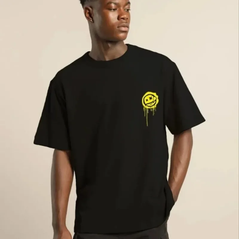 Kişi Qara Oversize Velosiped Yaxalı Çap Yay T-Shirt