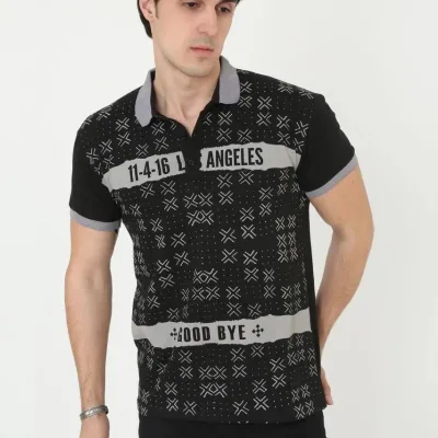 Muški crni slim fit s printom polo ovratnik kratki rukav majica 5