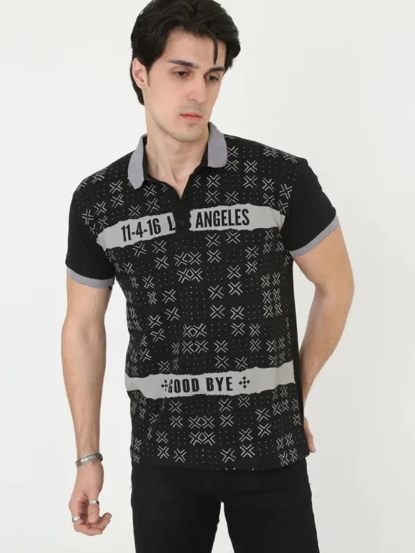 Muški crni slim fit s printom polo ovratnik kratki rukav majica 5