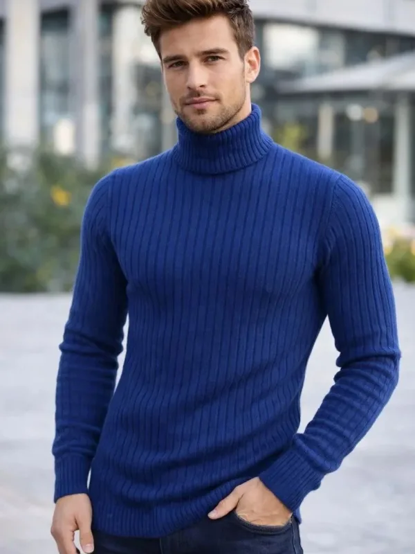 Pánský indigo regular fit silný žebrovaný rybářský výstřih triko svetr 1