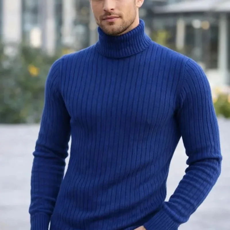 Pánský indigo regular fit silný žebrovaný rybářský výstřih triko svetr