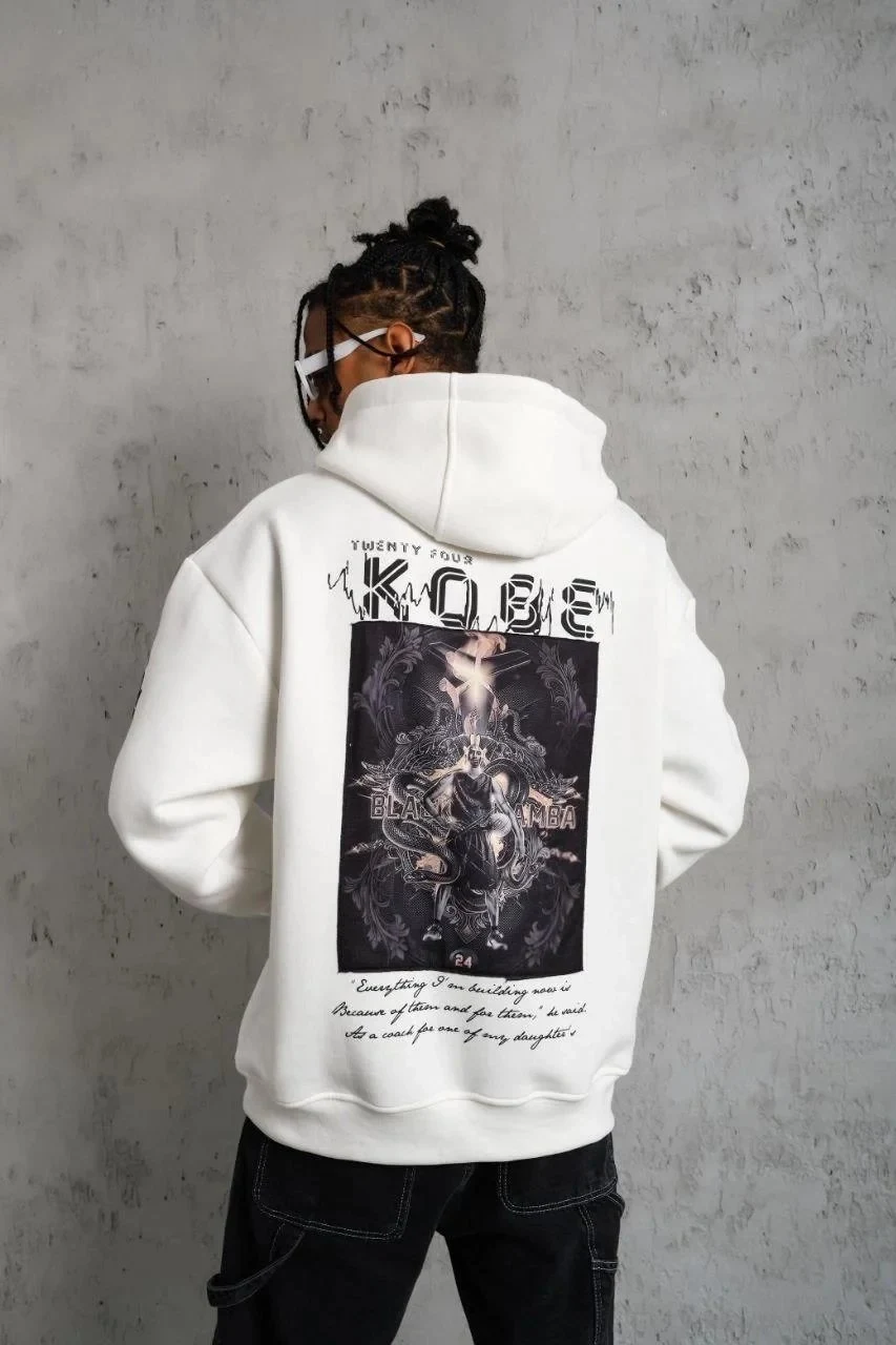 Men's White Oversize 3-Thread Cotton Hooded Printed Sweatshirt
