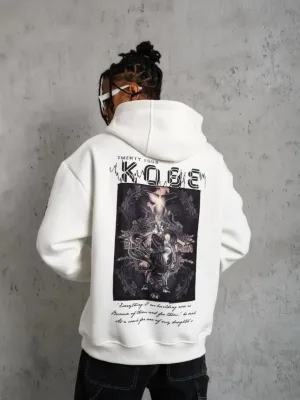 Men's White Oversize 3-Thread Cotton Hooded Printed Sweatshirt