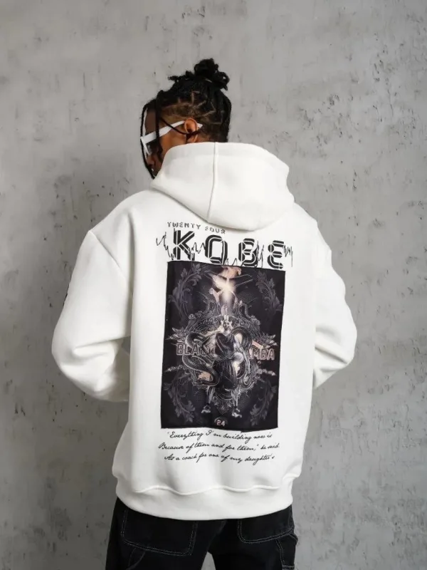 Muški bijeli oversize 3-niti pamučni s kapuljačom tiskani sweatshirt