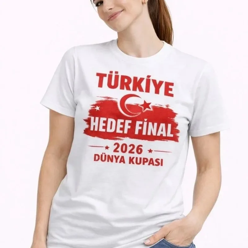 Bluzë Femrash e Bardhë Turqi me Stampë Hënë e Yll për Kupën e Botës 2026, Tifoz