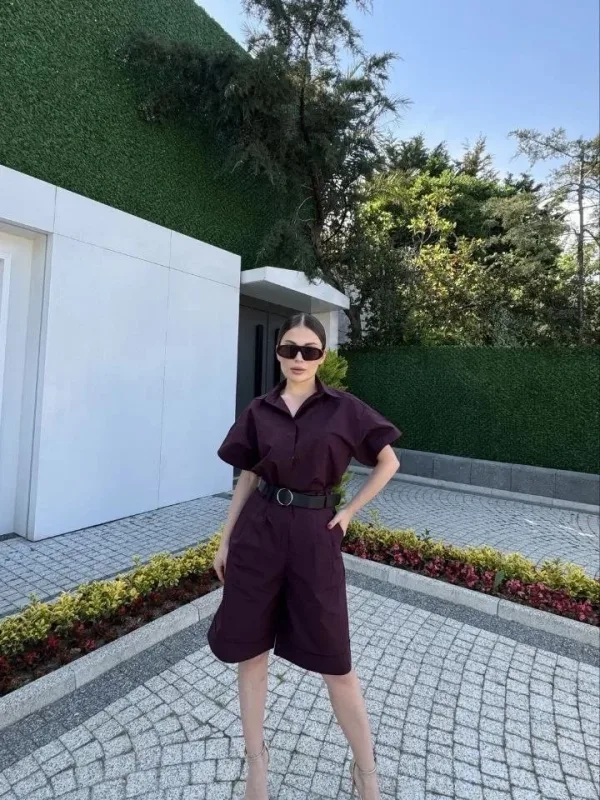 Ženski bordo s remenom šorc komplet s kragnom košulje gornji-donji dio 1