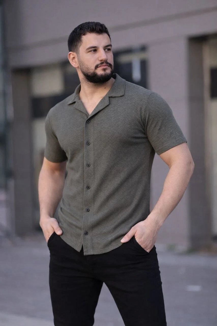 Ανδρικό Χακί Regular Fit Πουκάμισο με Waffle Ύφασμα, Κουμπιά και Ανοιχτό Γιακά