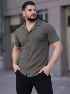 Мъжка риза, каки, regular fit, от вафлен плат, с копчета, отворена яка