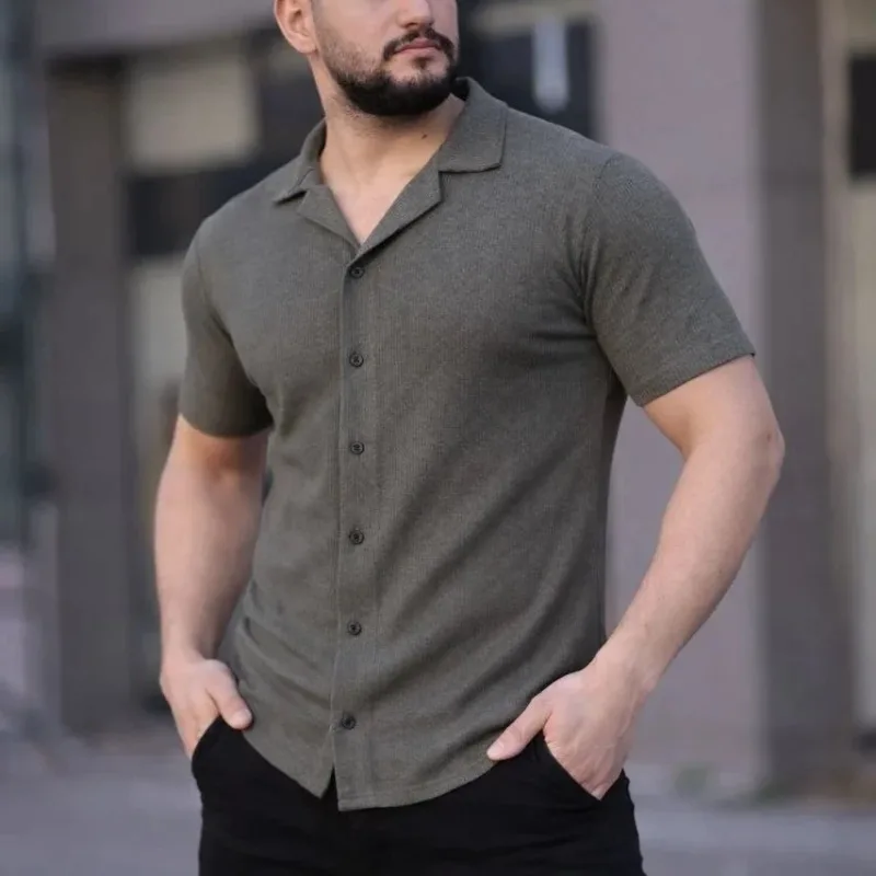 Muška Maslinasta Regular Fit Vafel Tkanina Dugmad Otvorena Kragna Košulja