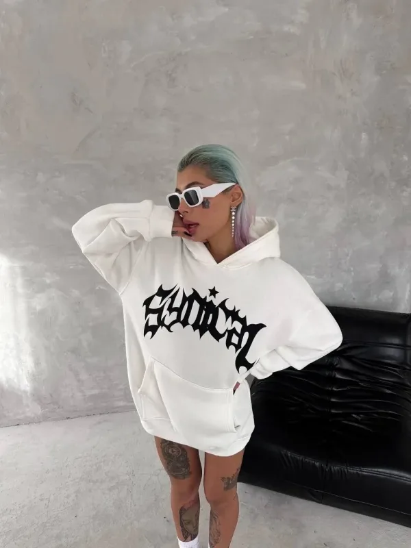 Damski Biały Oversize 3-nitkowy Bawełniany Kaptur Nadrukowany Sweatshirt 1