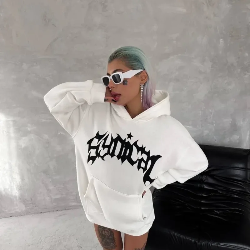 Damski Biały Oversize 3-nitkowy Bawełniany Kaptur Nadrukowany Sweatshirt