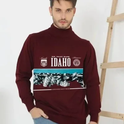 Muški Bordo Polu Ribar Izrez Štampani Triko Džemper 1