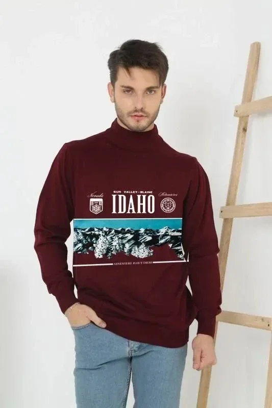 Muški Bordo Polu Ribar Izrez Štampani Triko Džemper