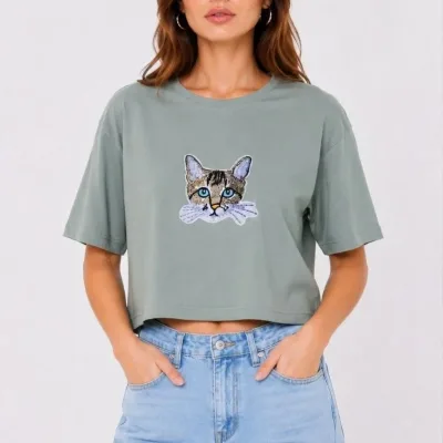 Ženska Mint Zelena Oversize Mačka Print Crop Majica 2